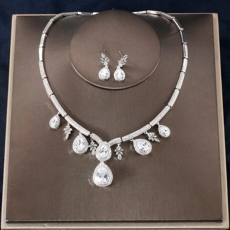 White RAKOL SP227 Wedding Bridal Fuchsia Rose Big Drop Zircon Pendant Necklace Earrings Jewelry Set