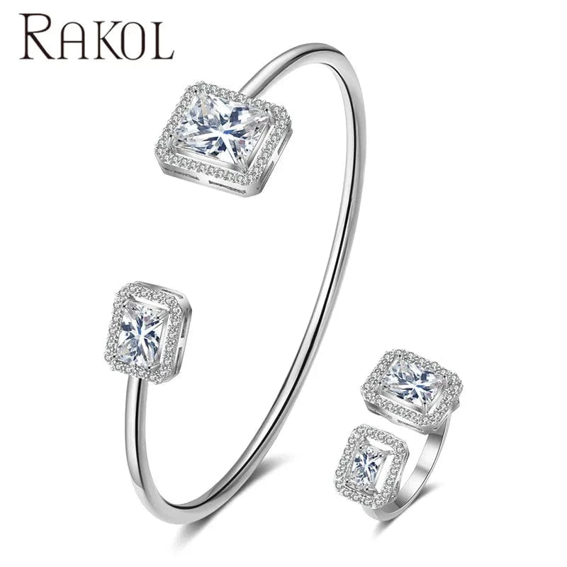 White RAKOL SP3172  popular Bracelet Set exquisite gemstone open rings and bracelet jewelry set gold plated women jewelry