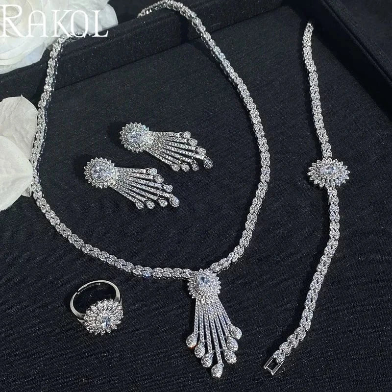 White RAKOL WSP05 Luxury 4 Pcs Tassel Drop Micro Insert Cubic Zircon Dubai Women Party Costume Jewelry Sets For Brides Wedding