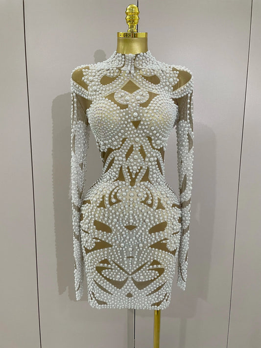 WHITE / S 2025 New High-end Elegant Evening Gown AB Rhinestones Pearls Luxury Long Sleeves Mesh Dress Women Cocktail party Wedding Costume