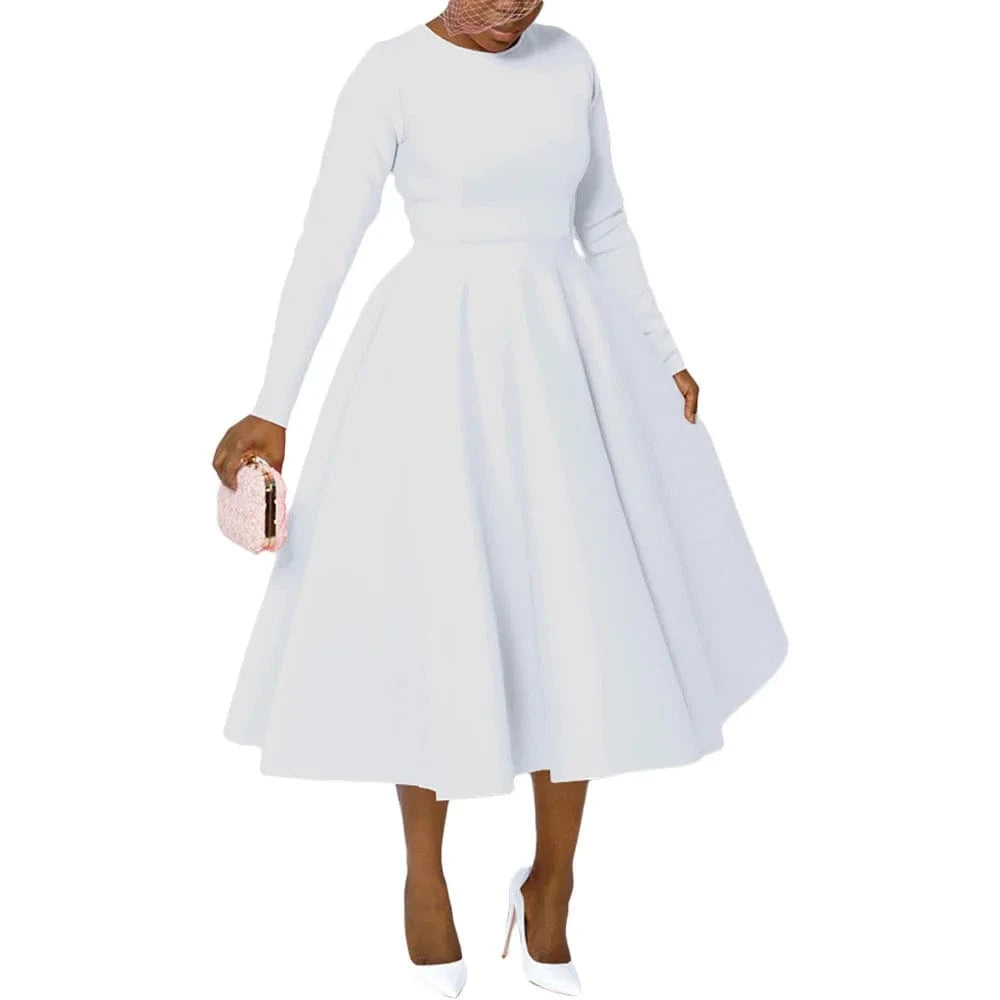 White / S Elegant Church Dresses for Woman 2025 Fall Long Sleeve O Neck High Waisted A-Line Midi Calf Party Cocktail Dress with Pockets