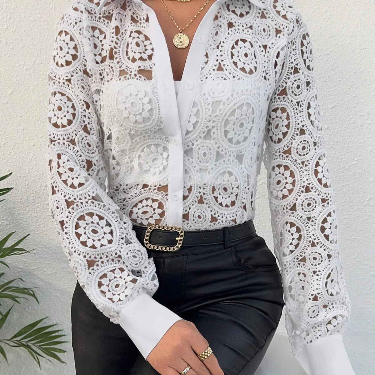 WHITE / S Paisley Lace Button Front Blouse, Hollow Out Long Sleeve Blouse For Spring & Summer, Women's Clothing