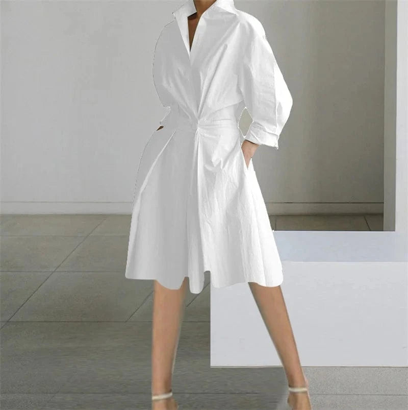 WHITE / S Printed Dresses Women Autumn V-neck Long Sleeved Shirts Fashions Office Lady Pockets Commute Dress 2023 New Robe Vestidos Femme