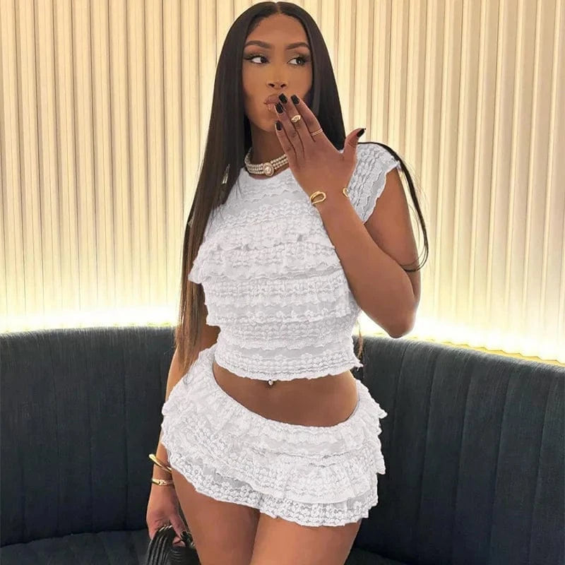 white / S Two Piece Women Crop Top And Mini Skirt Matching Set 2024 New Summer Fashion Sexy White Lace Ruffle Ruched Skirts Outfits