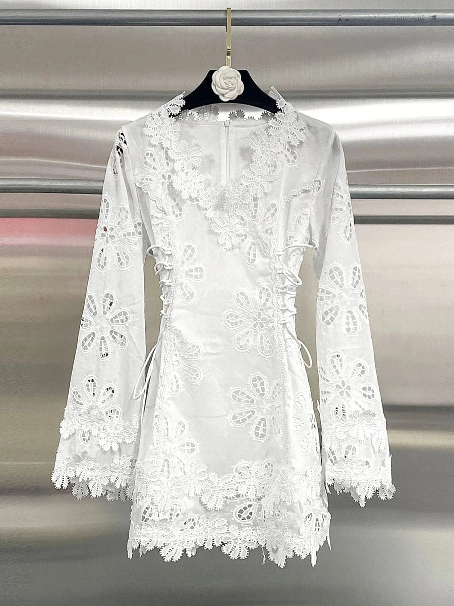 WHITE / S VGH Solid Elegant Spliced Appliques Hollow Dresses for Women V Neck Flare Sleeveless High Waist Temperament Short Dress Female