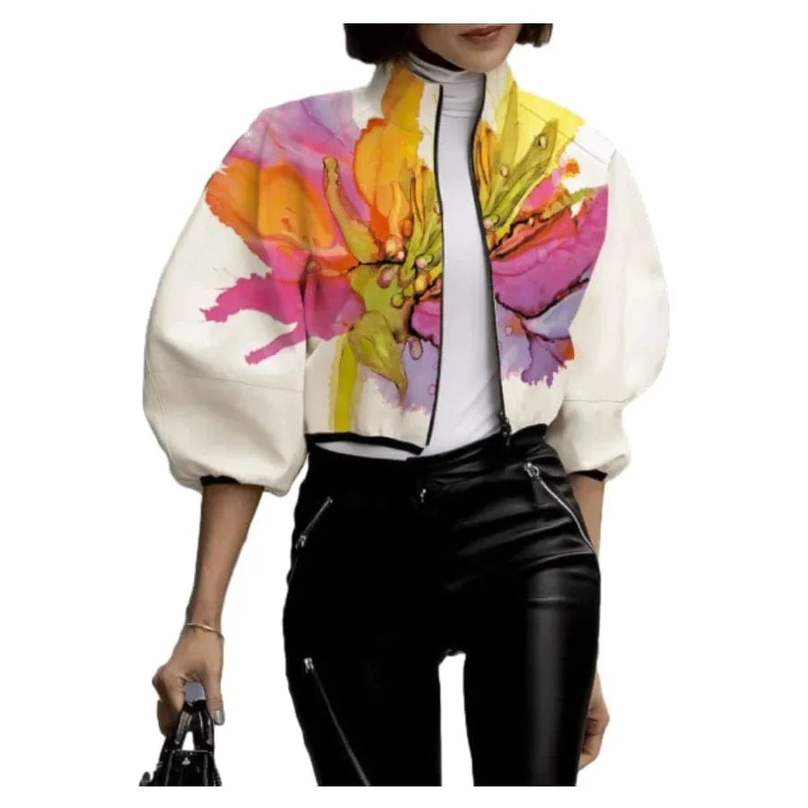 WHITE / S Women's Autumn New Jacket Floral Printed High Neck Puff Sleeves Coat Zippered Half Sleeve Loose Fit Outerwears