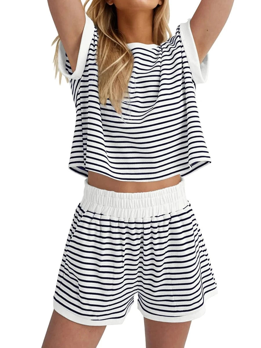 WHITE / S Women’s Casual 2 Piece Outfits Summer Short Sleeve Stripes Print Tops + Elastic Waist Shorts Set Loungewear for Sports Work Out