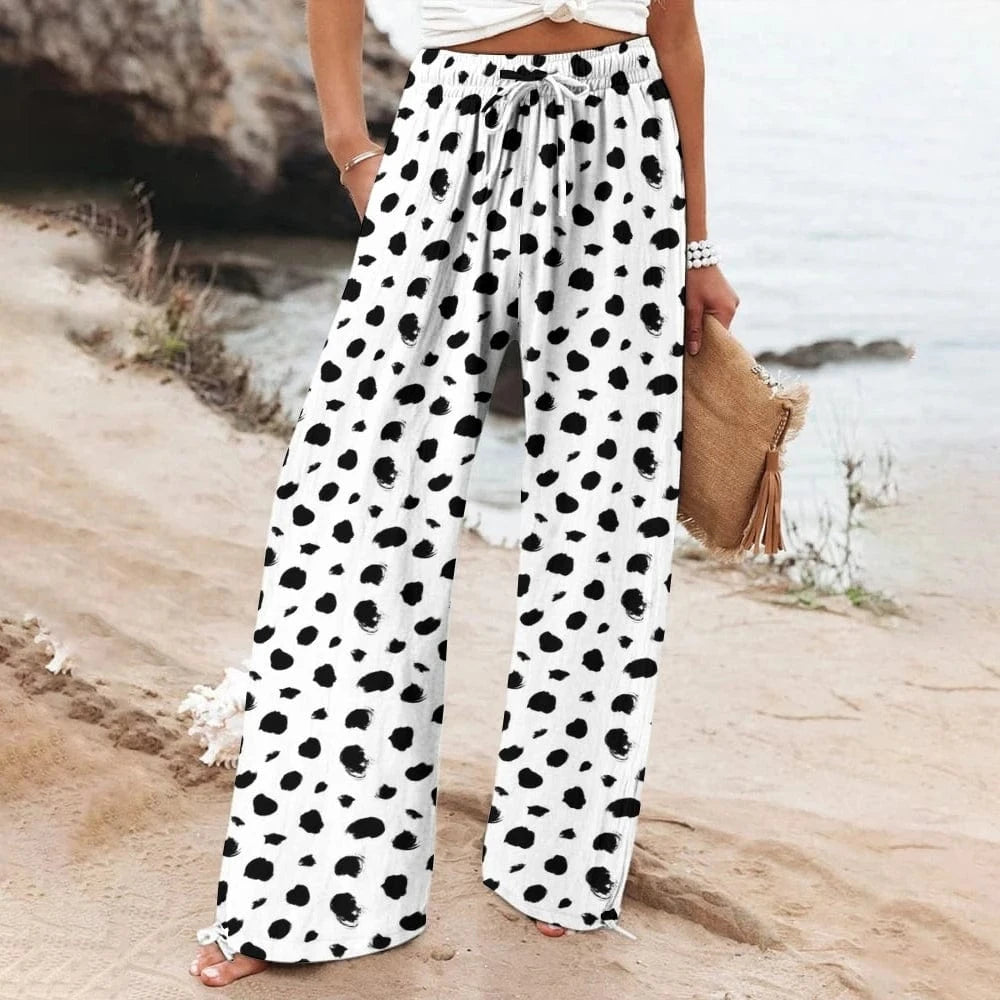 WHITE / S Women's Casual Polka Dot Print Trousers Summer 2024 New Loose Soft High-Quality Wide-Leg Trousers Holiday Wear