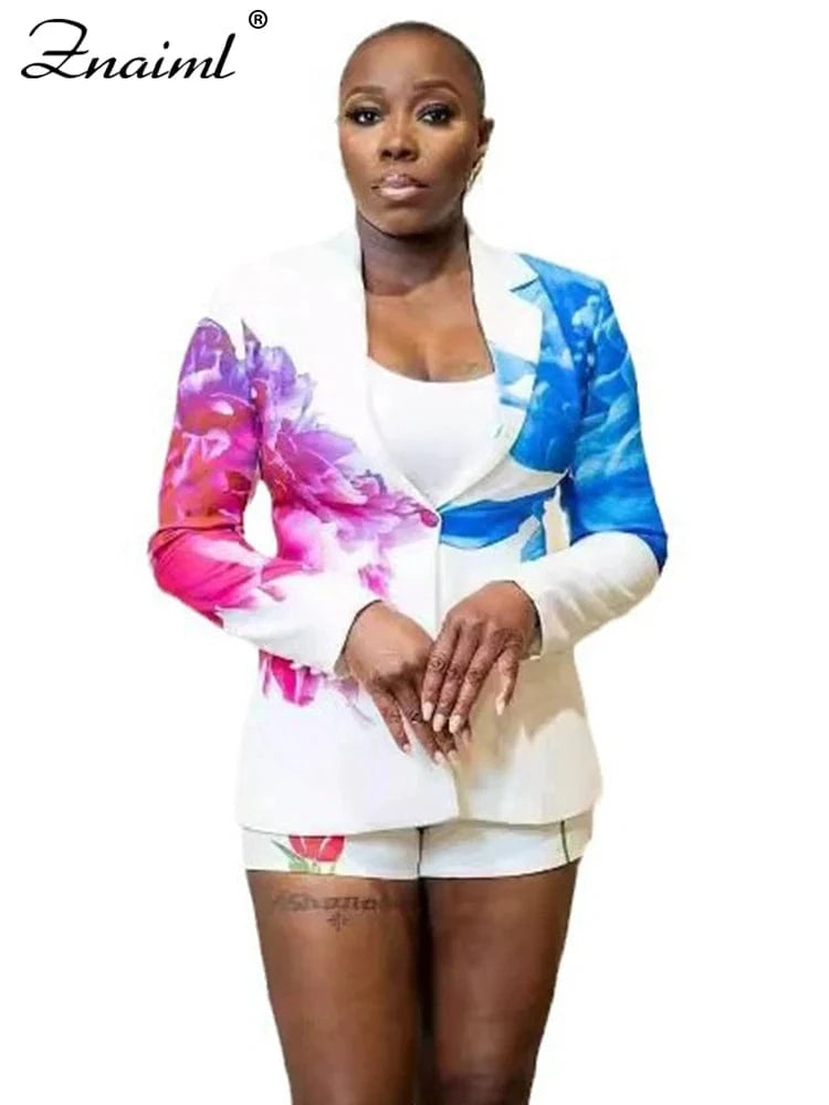 white sets / XXL Znaiml Elegant Office Lady Blazer Single Button Jacket Coat and Shorts Two 2 Piece set Women Trendy Classic Print Matching Suits