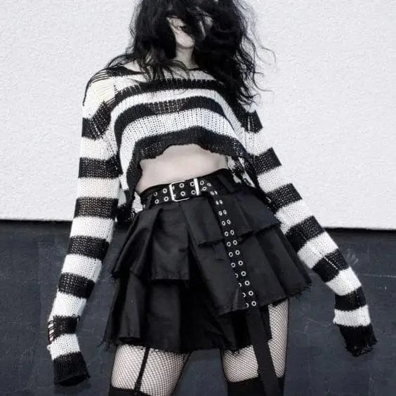 White short / Only Sweater Karrram Punk Gothic Sweater Emo Tops E-girls Mall Goth Pullovers Y2k Harajuku Grunge Clothes Alt Dark Aesthetic Striped Jumpers