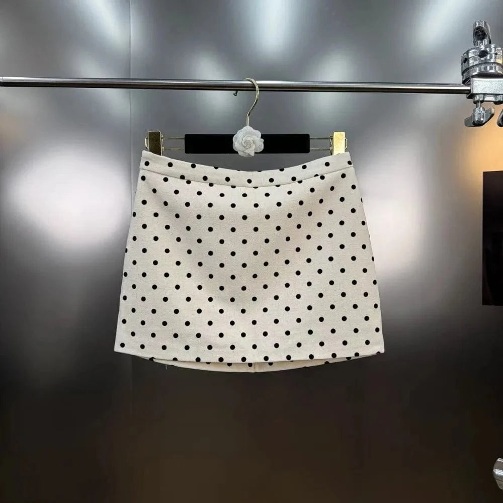 WHITE SKIRT / L VGH Dot Printing Two Piece Set for Women Halter Neck Sleeveless Spliced Ruffles Edge Vest Mini Skirt French Fashion Sets Female