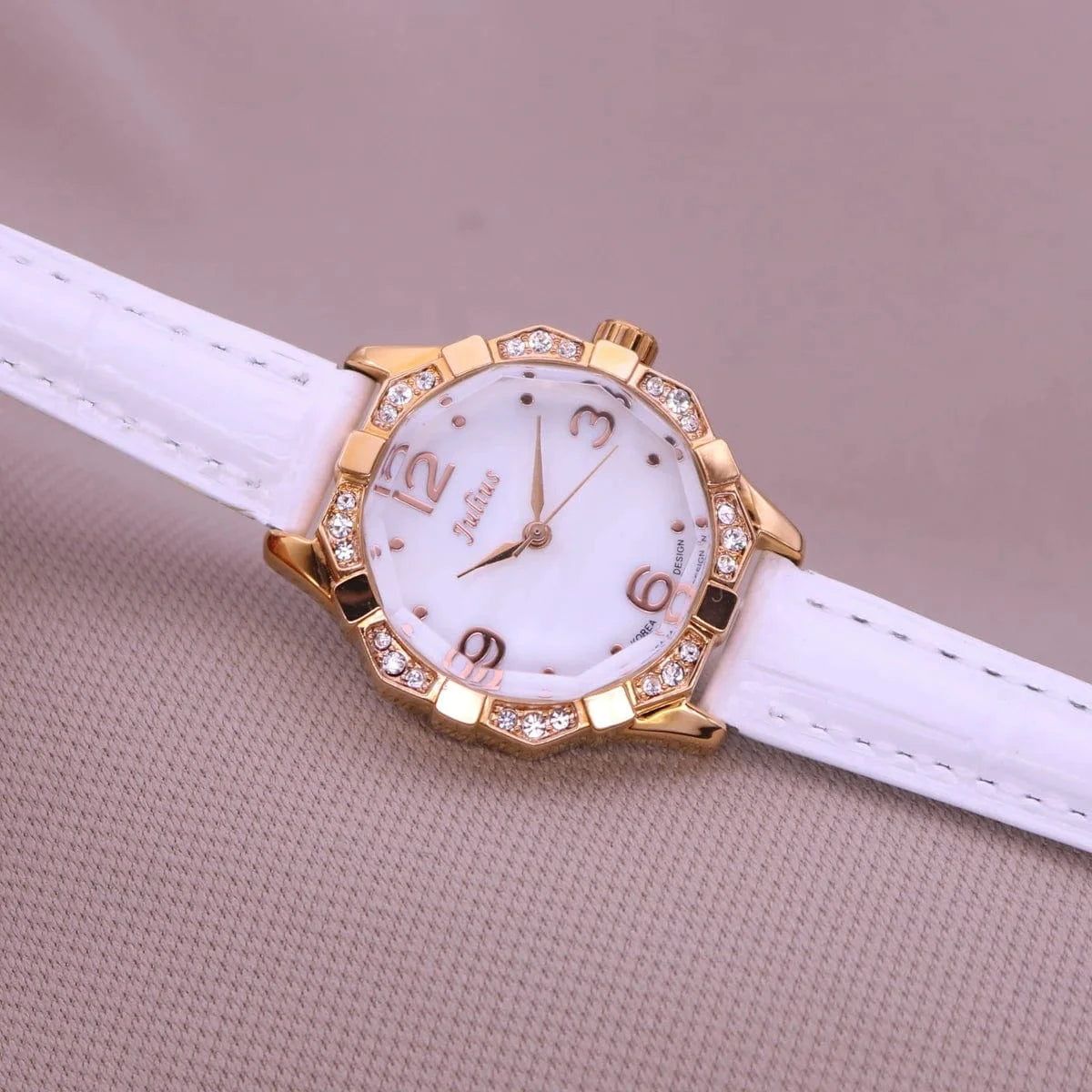 WHITE Small Rhinestones Julius Lady Women's Watch Mother-of-pearl Japan Quartz Fashion Hours Bracelet Leather Girl's Gift No Box
