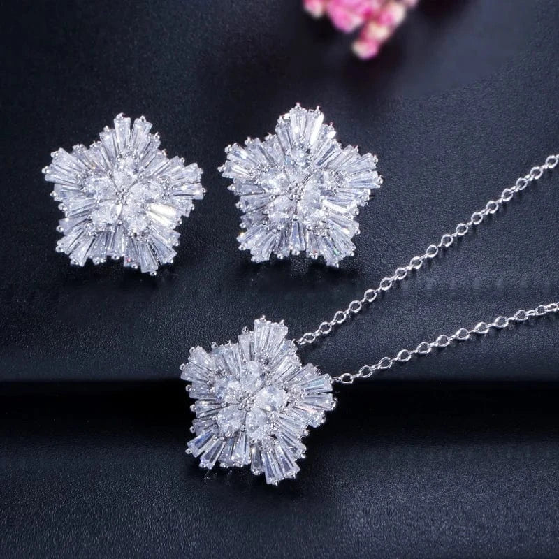 White-T0037-Bai Ladies Fashion Jewelry 3a Cubic Zirconia Snow Flower Pendant Necklace and Stud Earrings Sets for Women Gift
