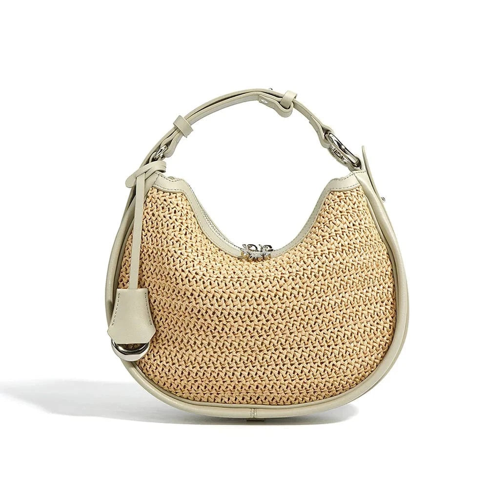 White Wholesale Women Summer Natural Raffia Straw Bag Shell Shape Wicker Leather Handbag Round Rattan Bag Straw Beach Tote Hand Bag
