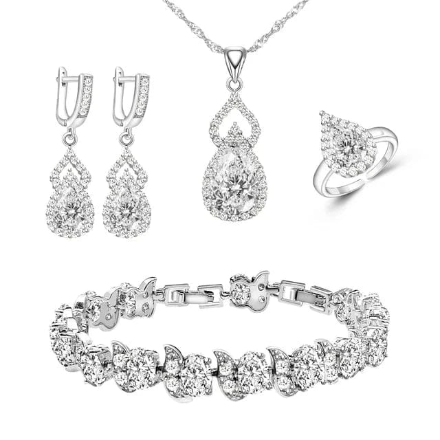 White Women Silver 925 Custom Jewelry Sets Red Garnet Earrings Necklace Open Ring Bracelets Set for Mom/Wife/Friend
