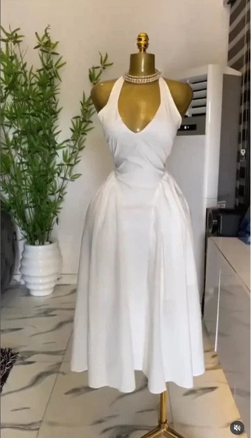 WHITE / XL CM.YAYA Women Halter V-neck Backless Sleeveless Big Swing Bodycon Mid Maxi Long Dress 2025 Vacation Sexy Party Evening Dresses