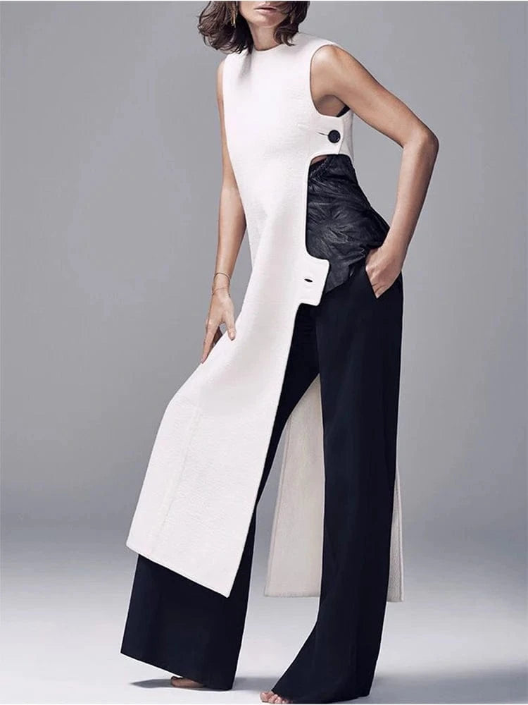 White / XL Fashion Plain Crew Neck Sleeveless Button Slit Dress Sexy Vintage Casual Chic Summer Slim Single Button High Street Long Dress