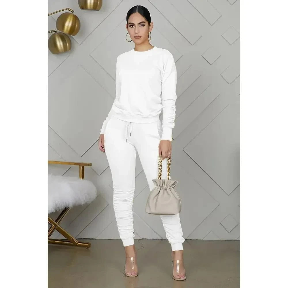 WHITE / XL New round Neck Long Sleeve Slim Fit Warm Top Elastic Waistband Lace-up Trousers Simple Solid Color Sports Two-Piece Set