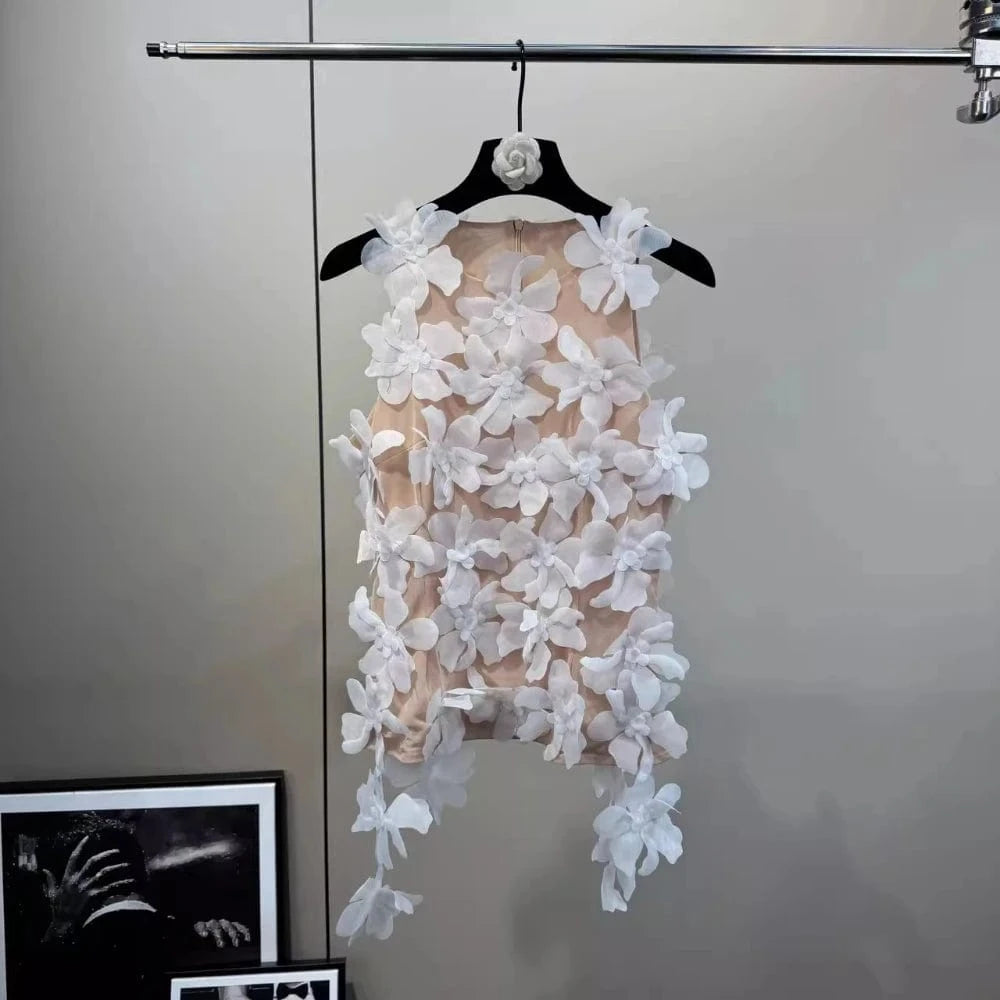 WHITE / XL VGH Solid Spliced 3D Petal Tank Tops for Women Round Neck Sleeveless Patchwork Zipper Sheer Mesh Vest Female Fashion Clothing