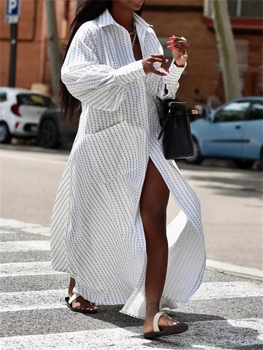 WHITE / XL White Dress Women 2024 Summer Autumn Long Sleeves Buttoned Split-Side Striped Lapel Casual Women's Long Maxi Dresses