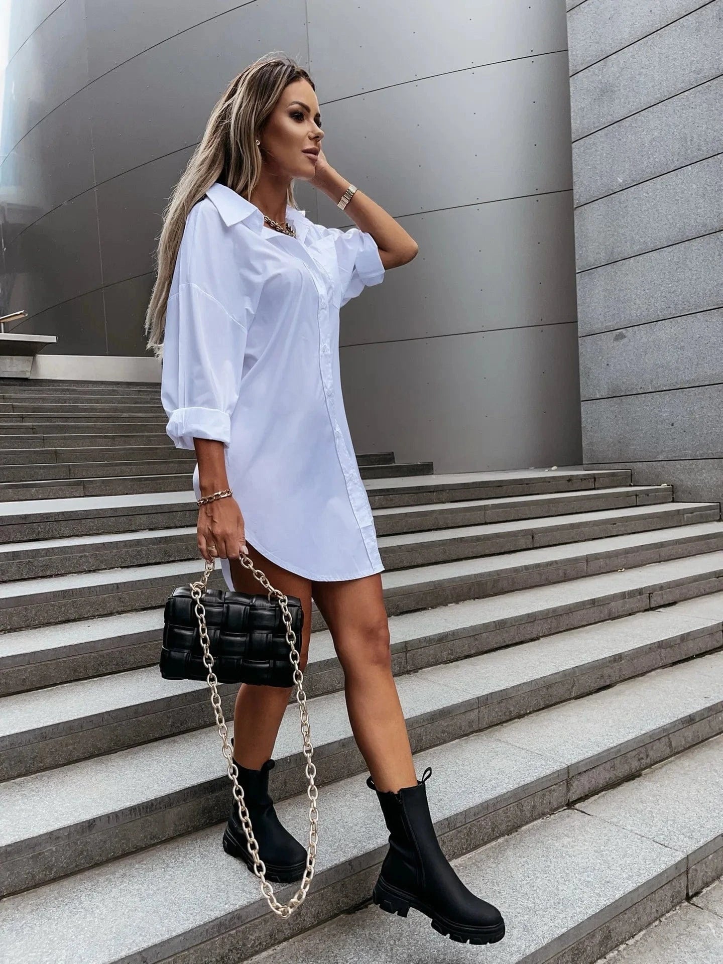 WHITE / XL Women's Solid Color Button Front Shirt Dress - Casual Long Sleeve Lapel Dress for Spring & Fall