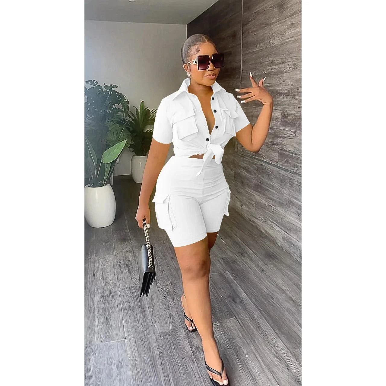 WHITE / XXL Autumn Streetwear Casual 2 Two Pieces Sets Women Outfit 2023 Long Sleeve Buttons Crop Tops Black Pink White Pockets Shorts Suits