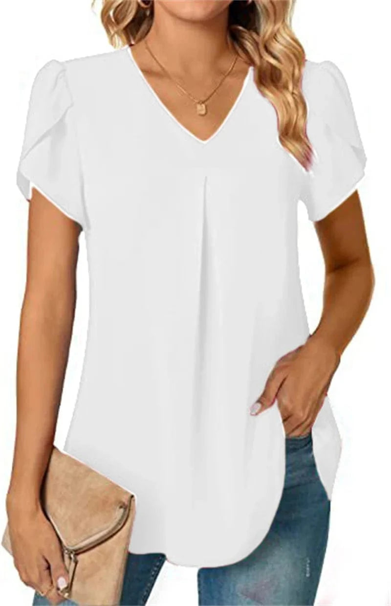 WHITE / XXL Sexy V Neck Ruffle Short Sleeve Blouse Shirts Summer Women V Neck Solid Color Loose OL Workout Blouse Tops