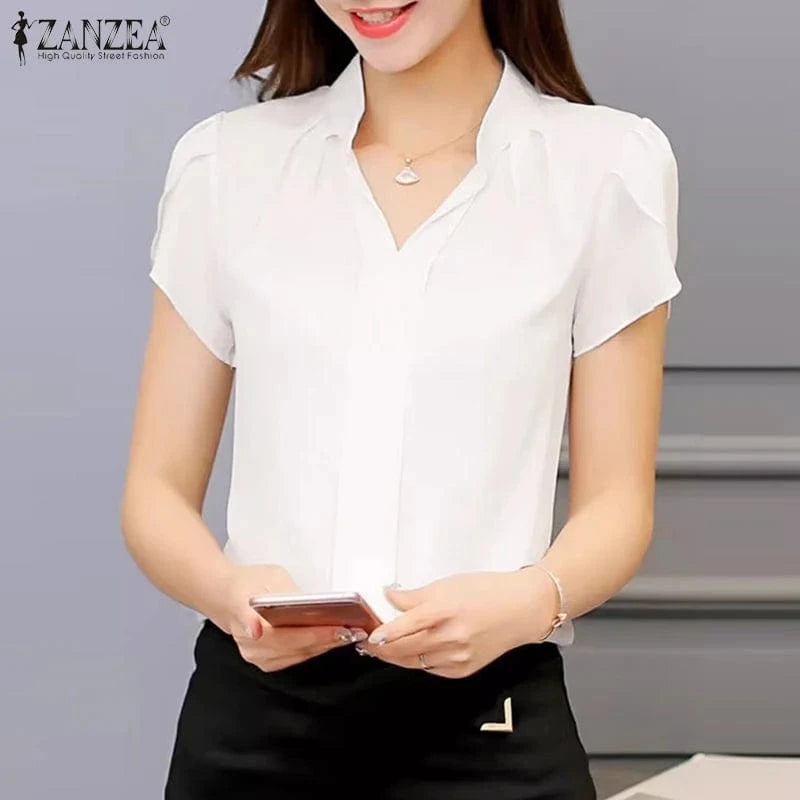 WHITE / XXL ZANZEA Formal Office V-neck Blusas Women Chiffon Blouses Elegant Ruffles Short Sleeve Tops 2024 Summer Solid Pleating Shirts