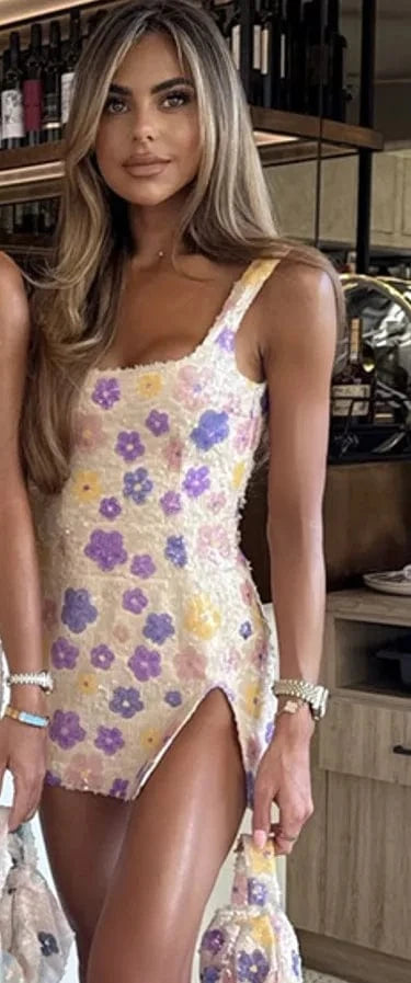 white-yellow / L Colorful Rhombus Sequins Sexy Mini Dress Elegant Chic Straps Slit Bodycon Party Dresses Summer Holidays Evening Women Dress 2025