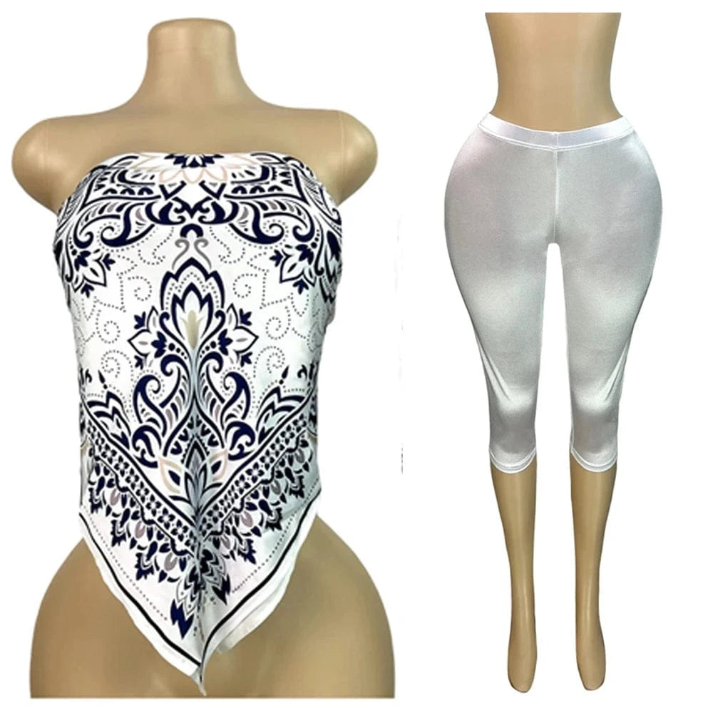 White1 / S 2025 Summer 2 Piece Set Woman Outfits Backless Print Scarf Tops and Shorts Suits Streetwear Sexy Club Two Piece Matching Sets