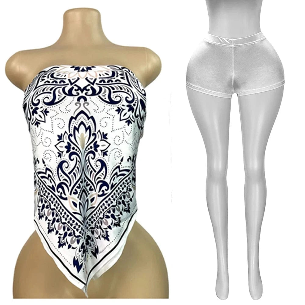 White2 / S 2025 Summer 2 Piece Set Woman Outfits Backless Print Scarf Tops and Shorts Suits Streetwear Sexy Club Two Piece Matching Sets