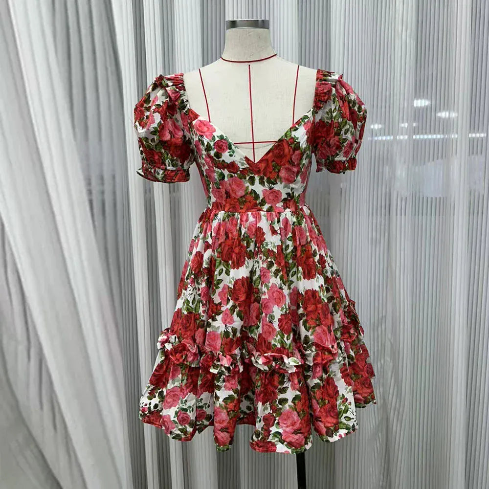 WHITEPRINT / M TWOTWINSTYLE Colorblock Spliced Printing Elegant Dresses for Women V Neck Short Sleeves Patchwork Folds Dress Female Clothing