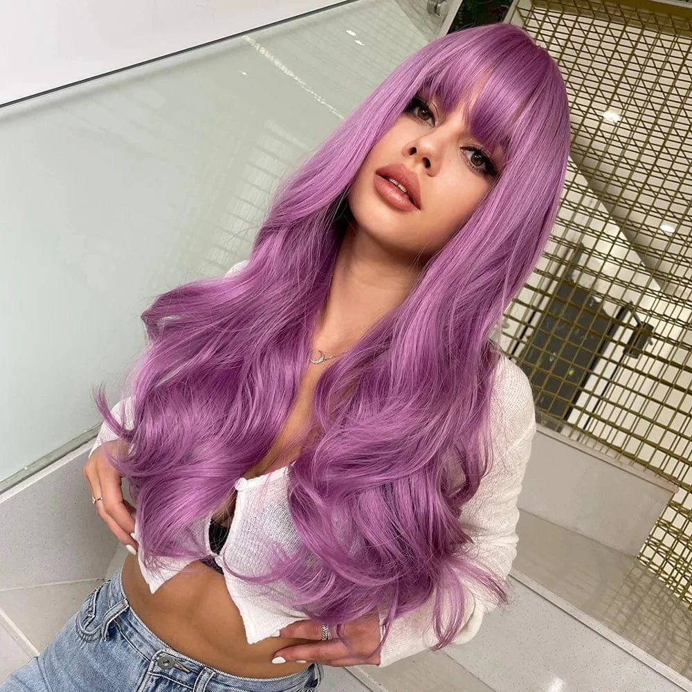 Whole Sale Nice Long Curly Ready Made Wig Manufacturer Product With Bangs Vendor Cheap Synthetic Hair Wavy Wigs For Black Women