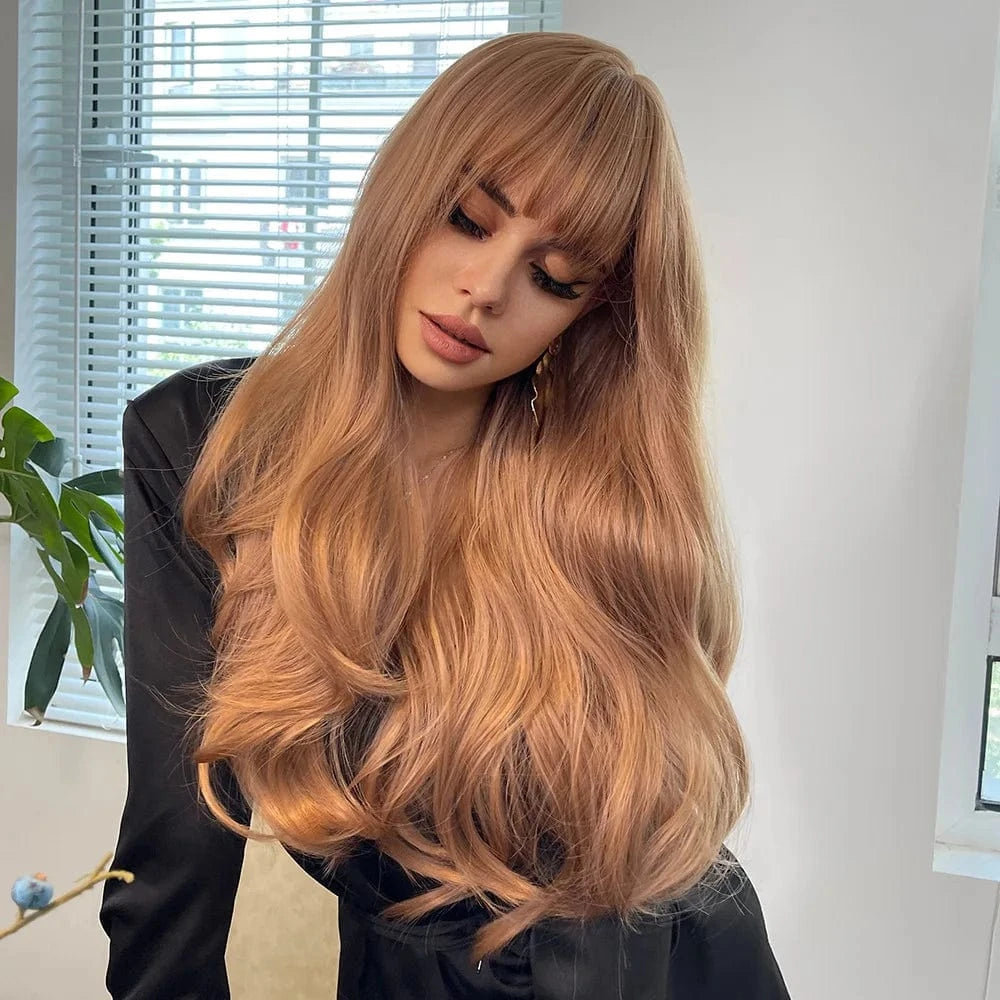 Whole Sale Nice Long Curly Ready Made Wig Manufacturer Product With Bangs Vendor Cheap Synthetic Hair Wavy Wigs For Black Women
