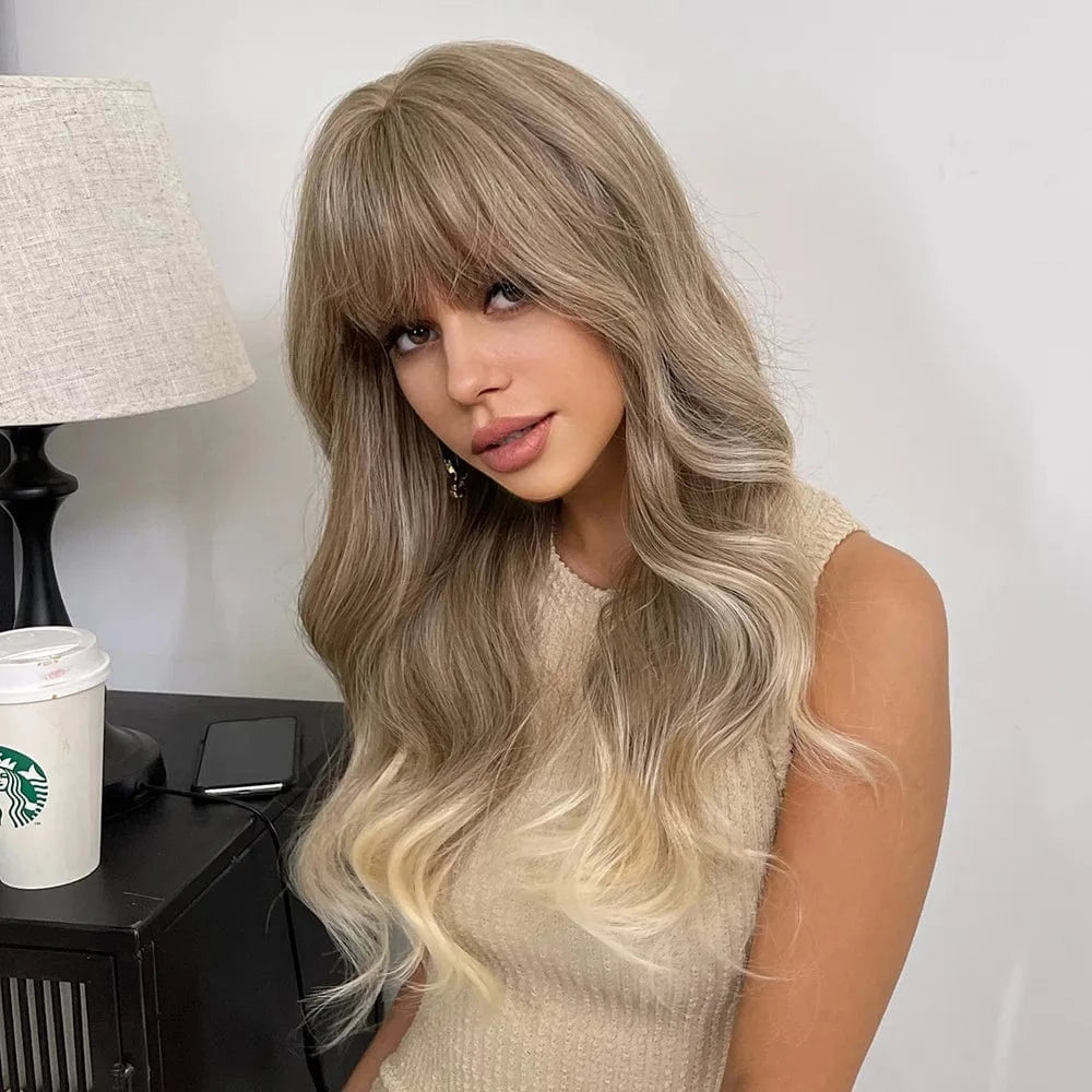 Whole Sale Nice Long Curly Ready Made Wig Manufacturer Product With Bangs Vendor Cheap Synthetic Hair Wavy Wigs For Black Women