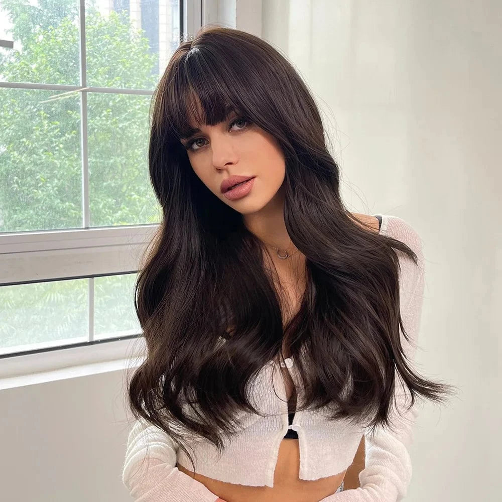 Whole Sale Nice Long Curly Ready Made Wig Manufacturer Product With Bangs Vendor Cheap Synthetic Hair Wavy Wigs For Black Women