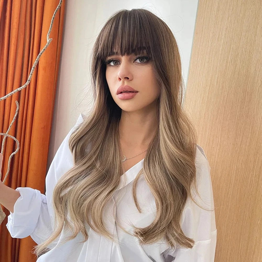 Whole Sale Nice Long Curly Ready Made Wig Manufacturer Product With Bangs Vendor Cheap Synthetic Hair Wavy Wigs For Black Women