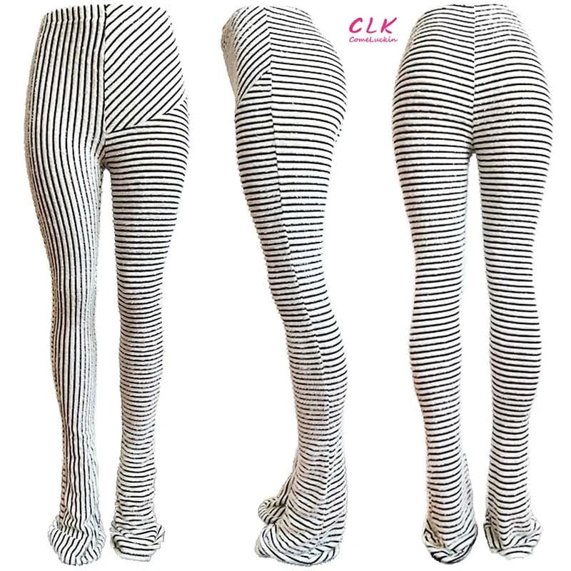 Wholesale 2024 Autumn New Arrival Women Stripe Long Pants Breathable High Waist Women Elastic Casual Pile Up Pants