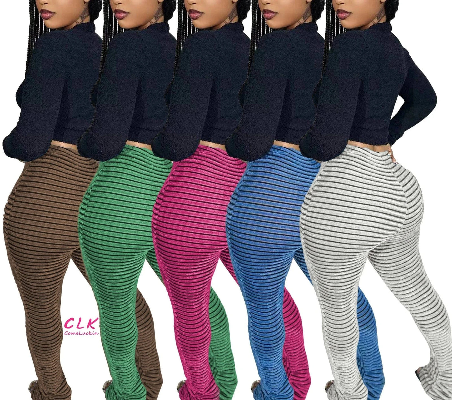 Wholesale 2024 Autumn New Arrival Women Stripe Long Pants Breathable High Waist Women Elastic Casual Pile Up Pants