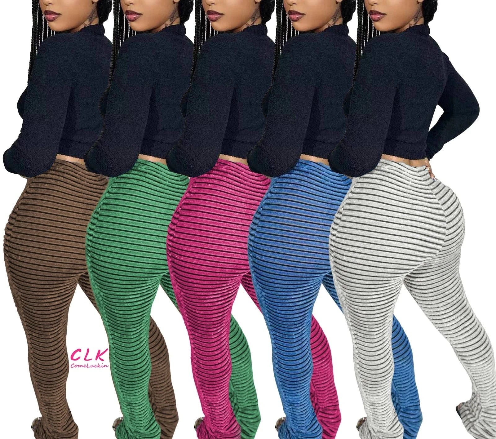 Wholesale 2024 Autumn New Arrival Women Stripe Long Pants Breathable High Waist Women Elastic Casual Pile Up Pants