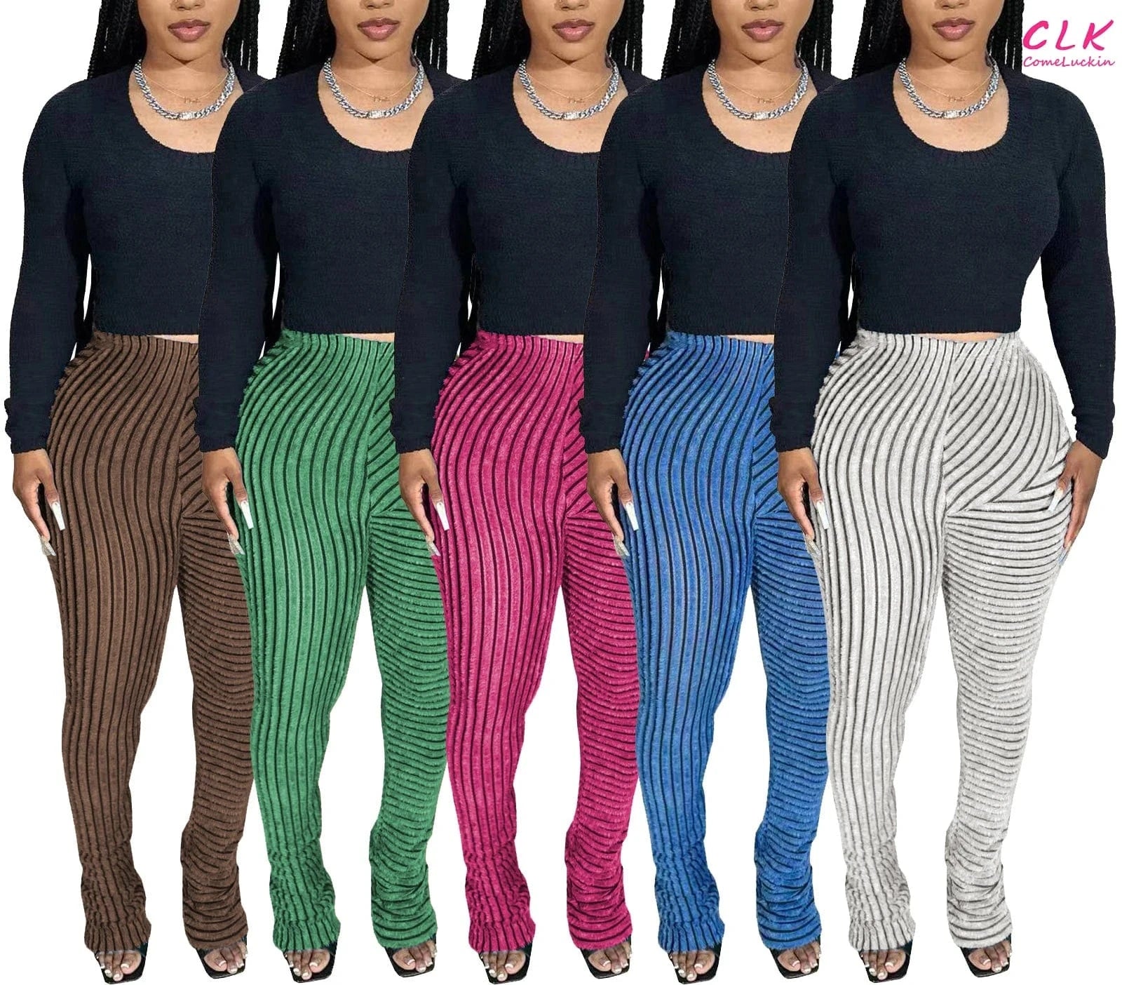 Wholesale 2024 Autumn New Arrival Women Stripe Long Pants Breathable High Waist Women Elastic Casual Pile Up Pants