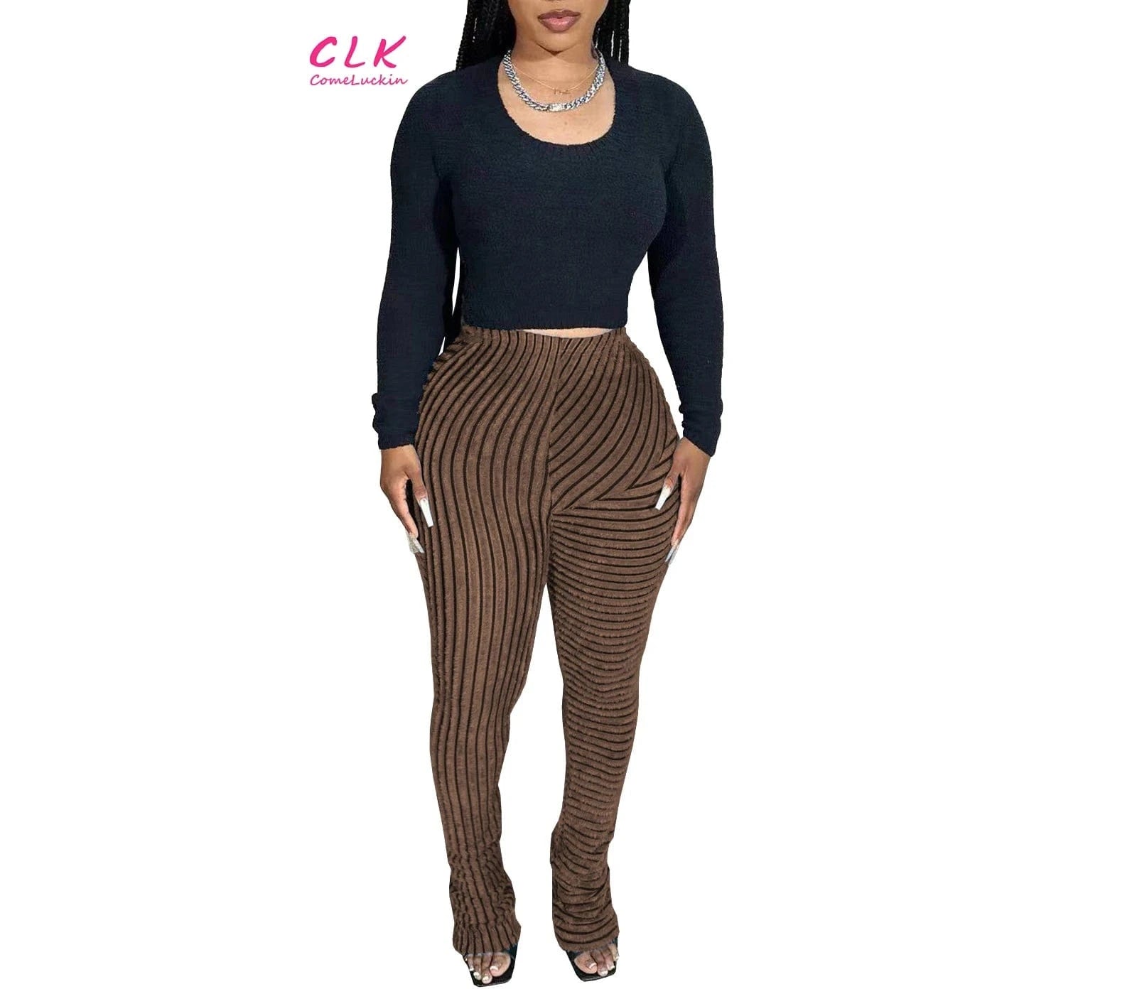 Wholesale 2024 Autumn New Arrival Women Stripe Long Pants Breathable High Waist Women Elastic Casual Pile Up Pants