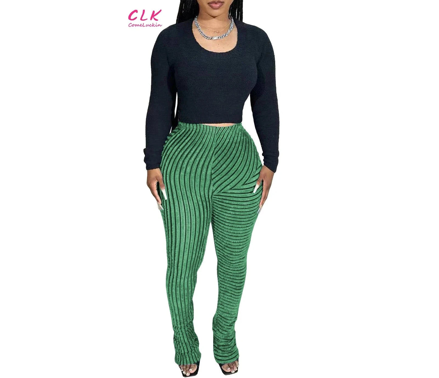 Wholesale 2024 Autumn New Arrival Women Stripe Long Pants Breathable High Waist Women Elastic Casual Pile Up Pants