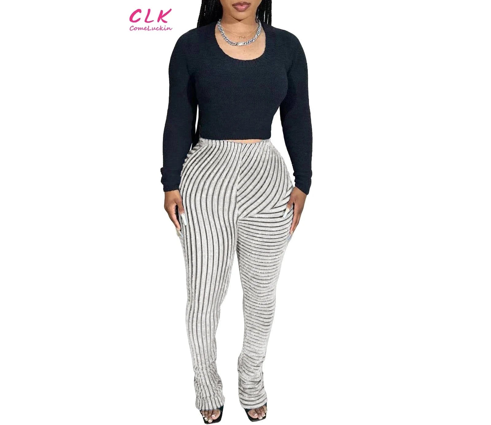 Wholesale 2024 Autumn New Arrival Women Stripe Long Pants Breathable High Waist Women Elastic Casual Pile Up Pants