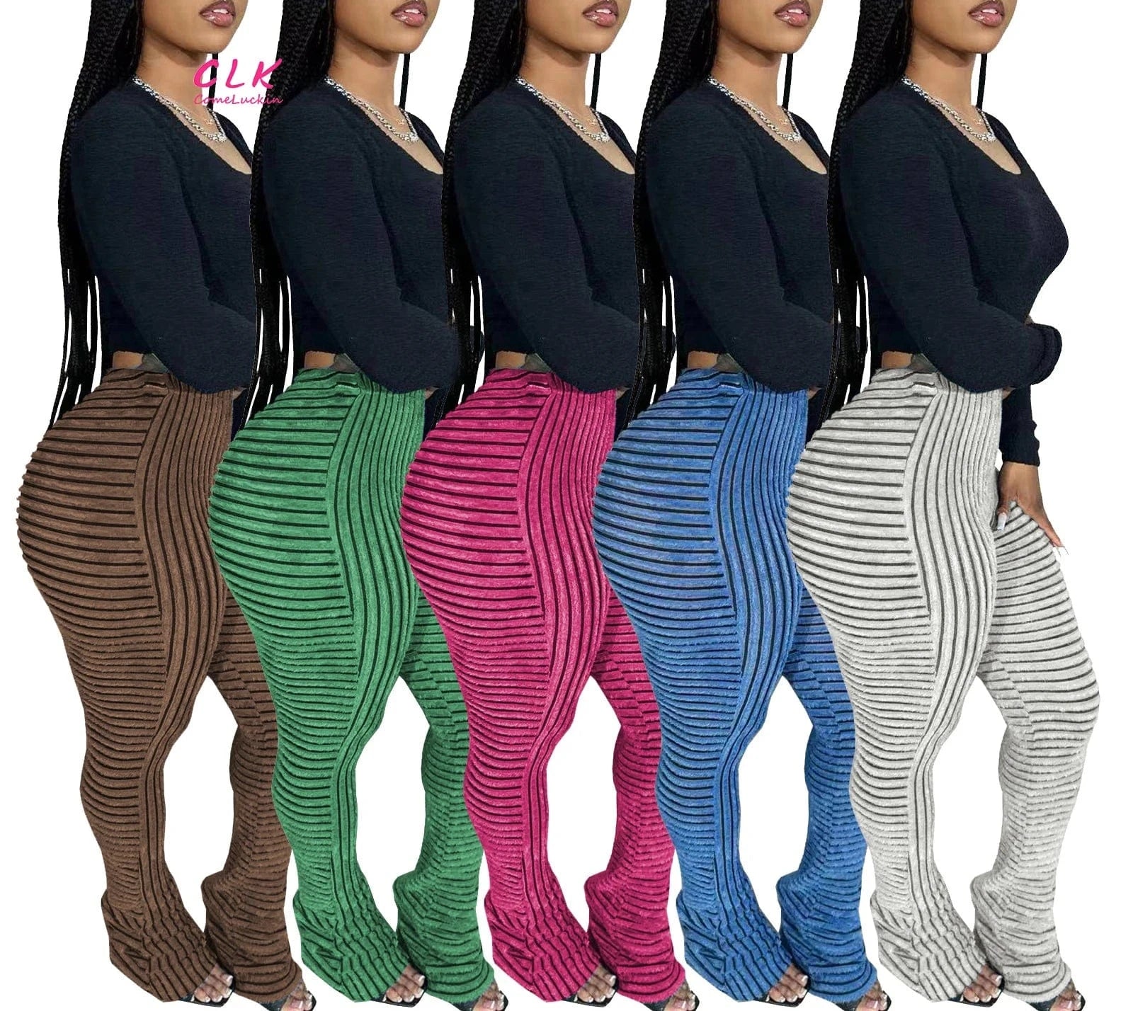 Wholesale 2024 Autumn New Arrival Women Stripe Long Pants Breathable High Waist Women Elastic Casual Pile Up Pants
