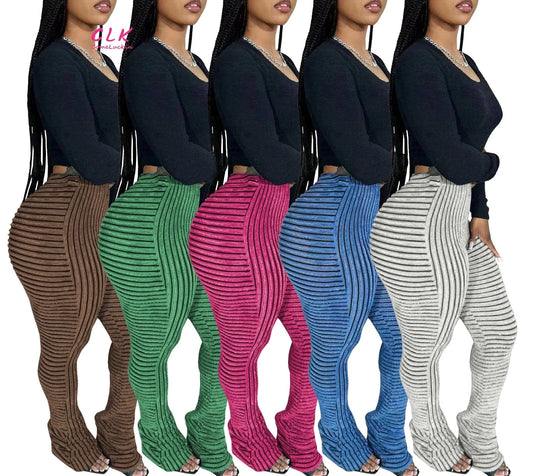 Wholesale 2024 Autumn New Arrival Women Stripe Long Pants Breathable High Waist Women Elastic Casual Pile Up Pants