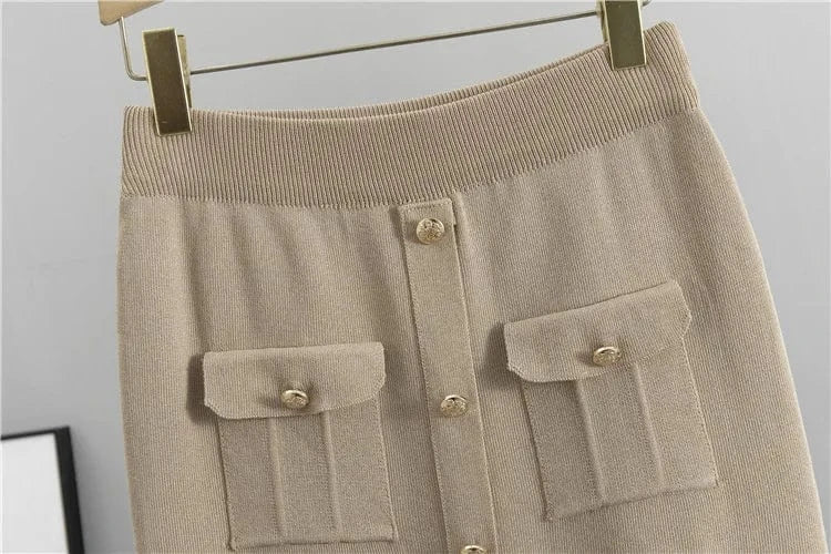 Wholesale 2024 Autumn New French High Fashion Flip Collar long sleeve Sweater Skirt ribbed Knitted Women's 2 piece Set clothing