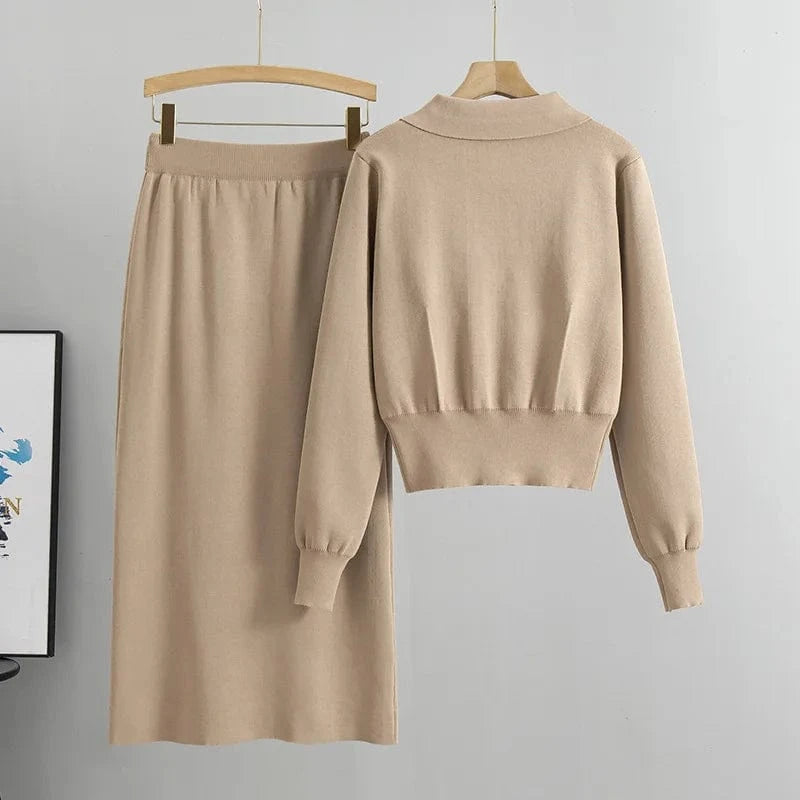 Wholesale 2024 Autumn New French High Fashion Flip Collar long sleeve Sweater Skirt ribbed Knitted Women's 2 piece Set clothing