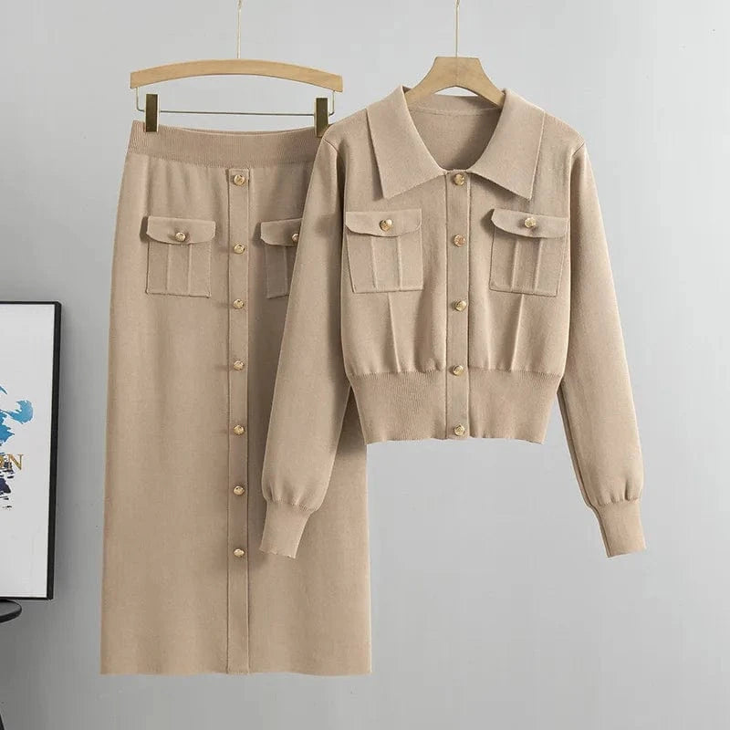 Wholesale 2024 Autumn New French High Fashion Flip Collar long sleeve Sweater Skirt ribbed Knitted Women's 2 piece Set clothing