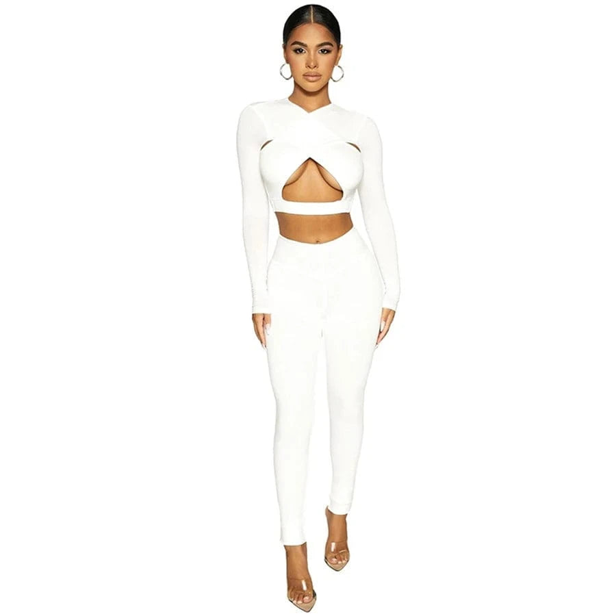 wholesale 2024 latest design for women summer Solid Hollow Out Long sleeve Crop Top Women Clothing Two Piece Pants set